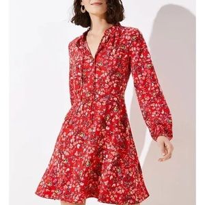LOFT Red Floral Long Sleeve Dress